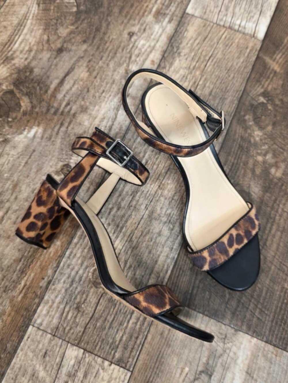 Nine West Leopard Print Kitten Womens 8M Ankle Strap Block Heel Sandals Summer